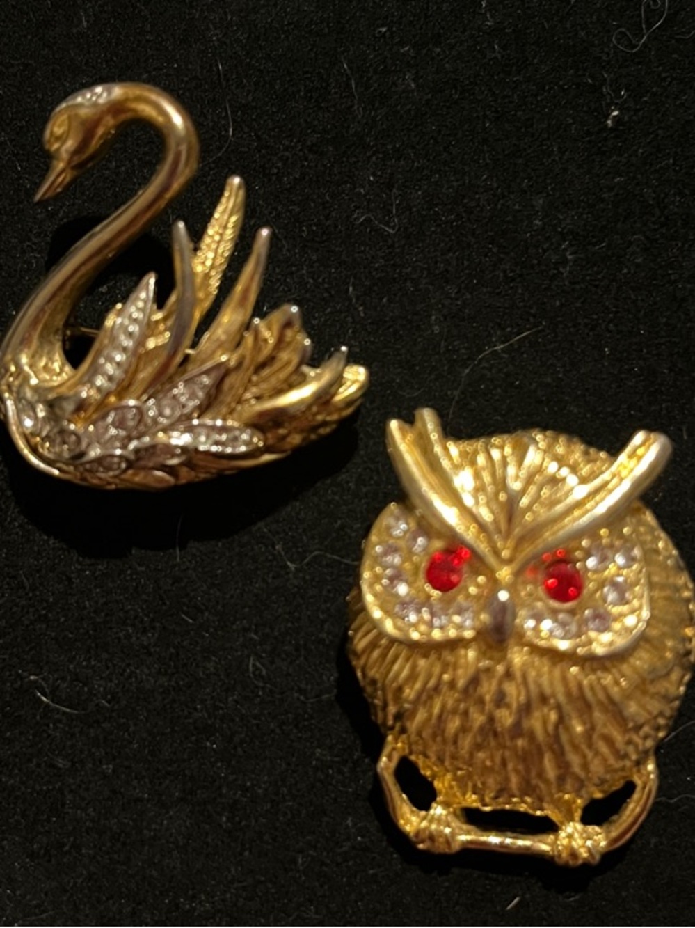Gold-Tone Owl and Swan Brooch Set with Red Accent Eyes